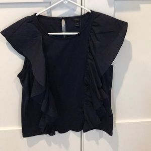 Dark Blue Short Sleeve Ruffle Blouse